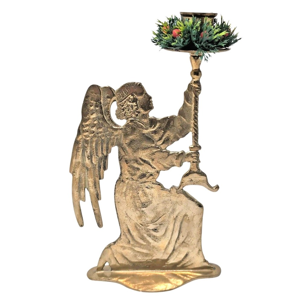 Vtg Solid Brass Angel Taper Candle Holder Christmas Kneeling‎ Stand Two Sided